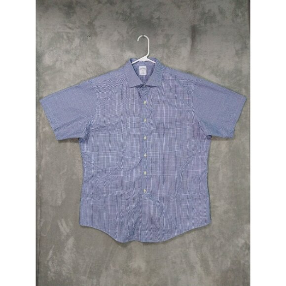 Brooks Brothers Shirt Mens 17.5 Blue Houndstooth Plaid Regent Short Sleeve - Picture 1 of 7